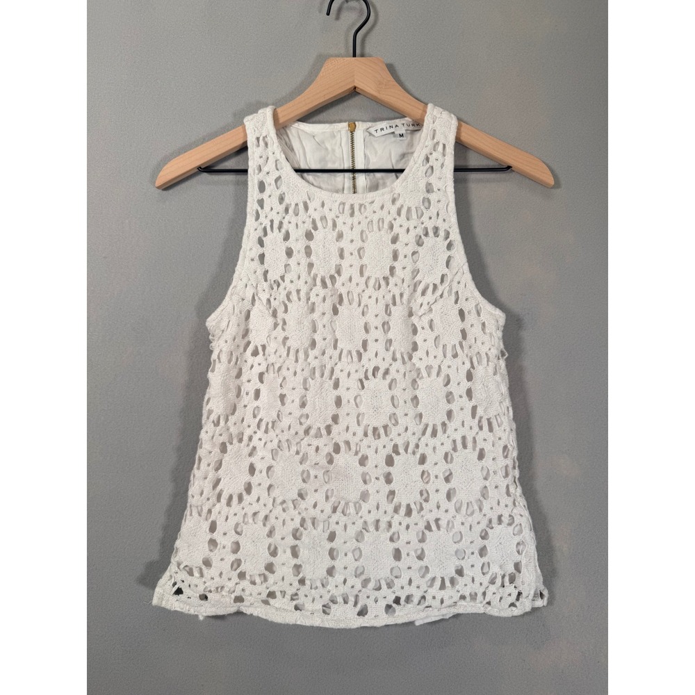 Trina Turk White Eyelet Crochet Sleeveless Tank Top Gold Back Zip Costal M